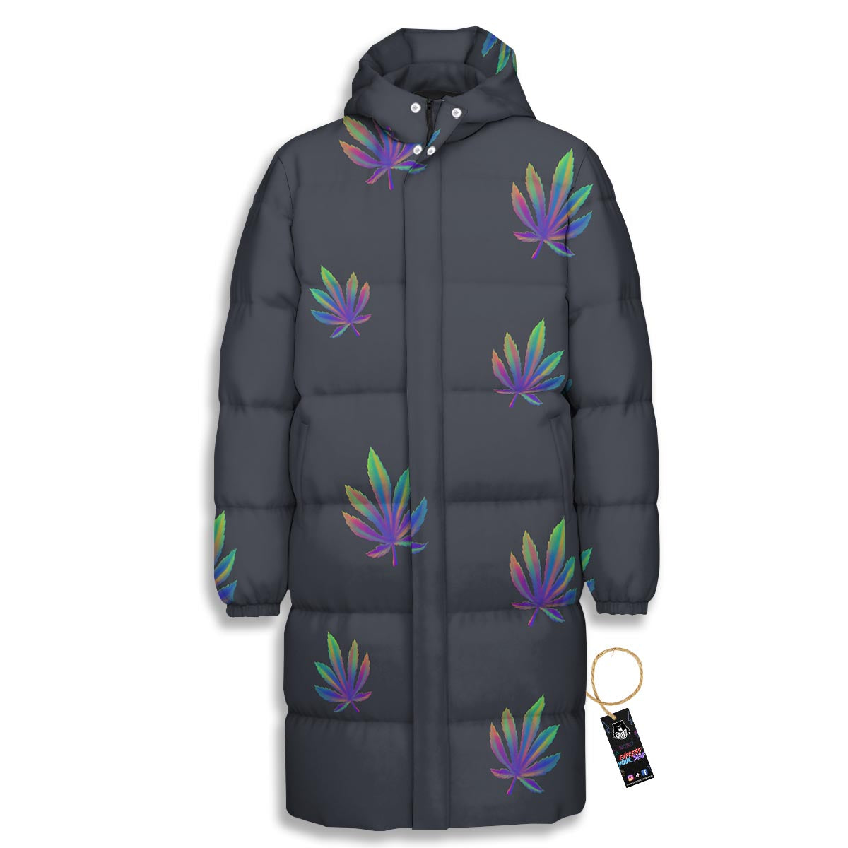 Hemp Leaves Reggae Trippy Print Pattern Long Down Jacket-grizzshop