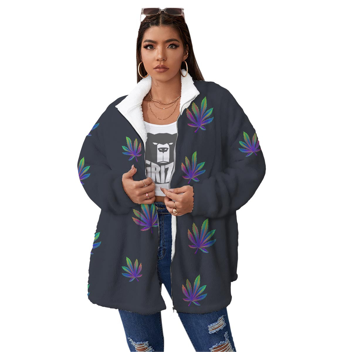 Hemp Leaves Reggae Trippy Print Pattern Women's Sherpa Jacket-grizzshop