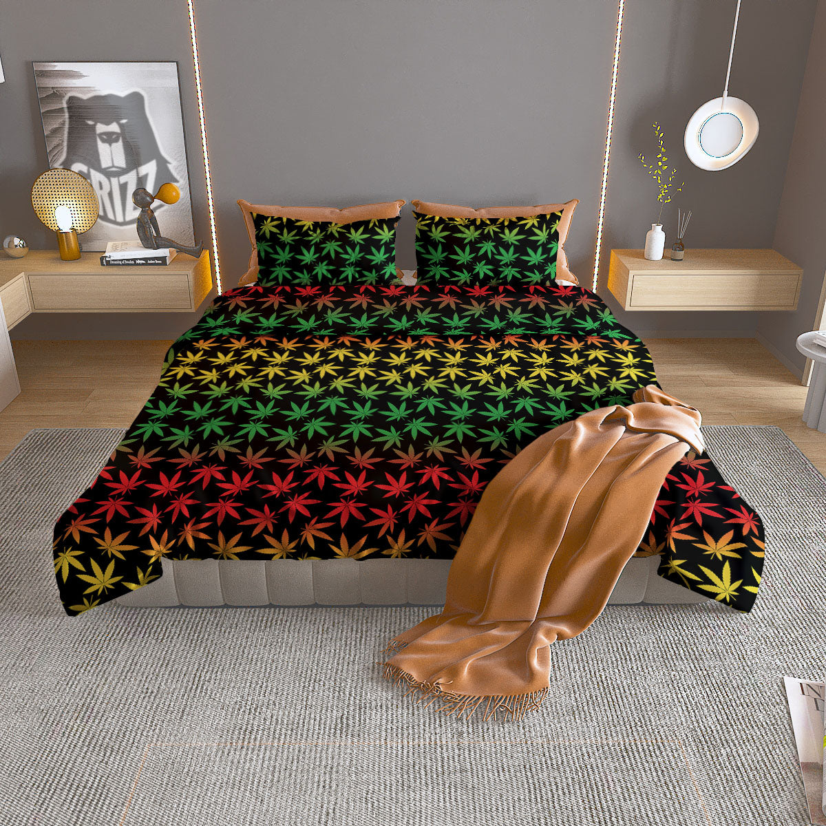 Hemp Leaves Reggae Trippy Print Pattern Duvet Cover Bedding Set