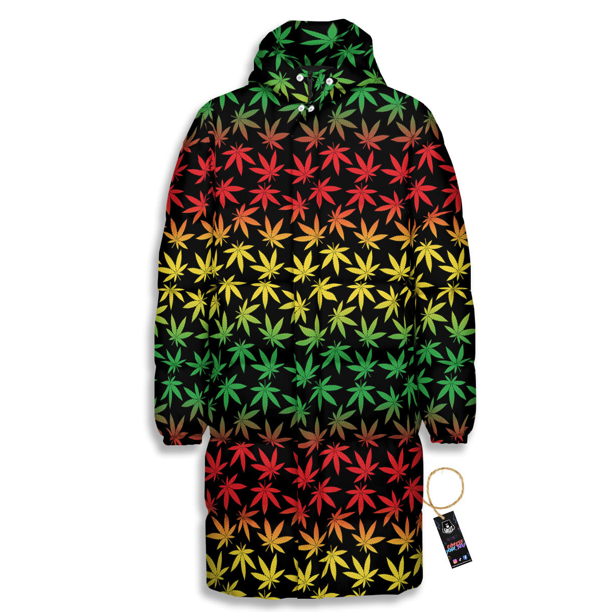 Hemp Rastafarian Print Pattern Long Down Jacket-grizzshop
