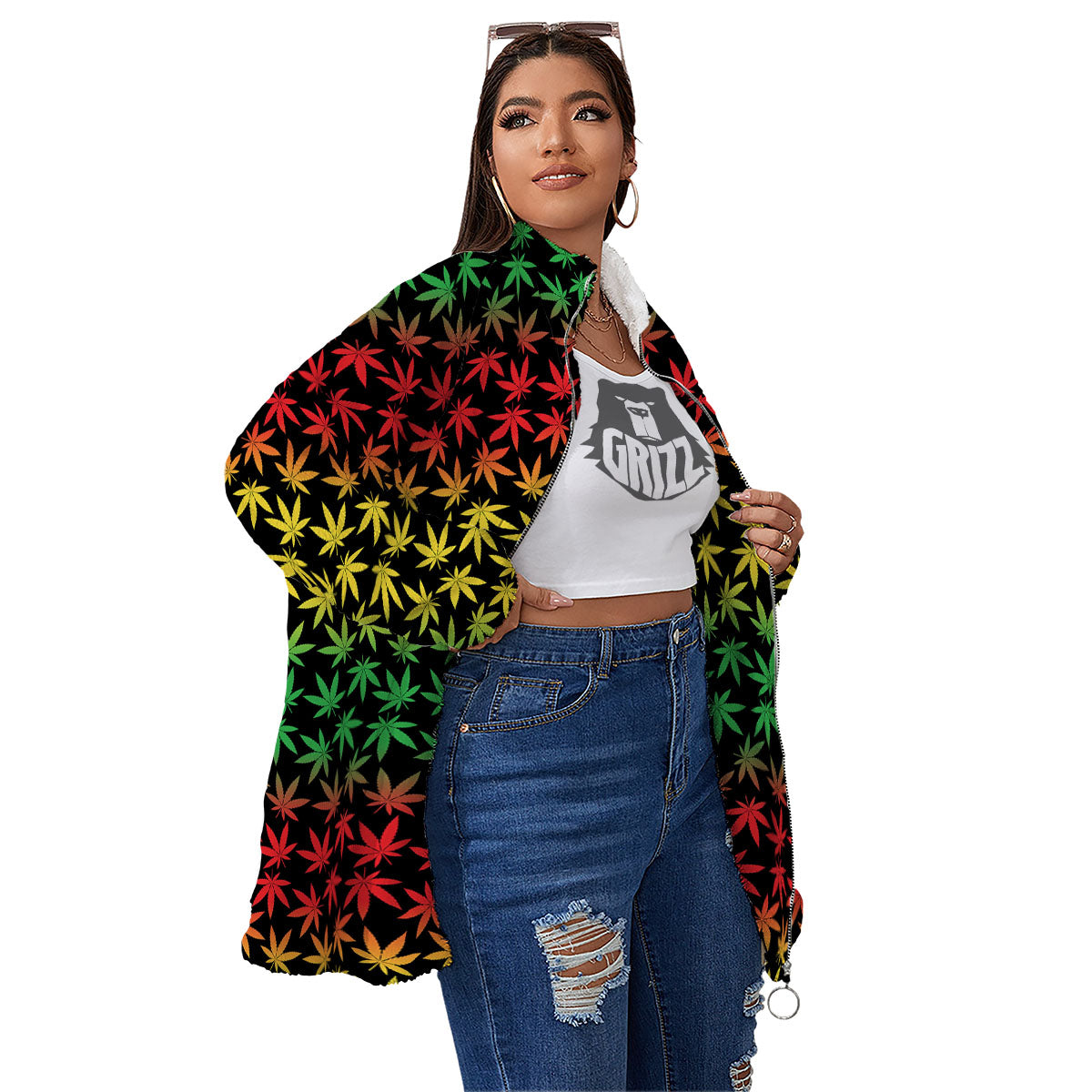 Hemp Rastafarian Print Pattern Women's Sherpa Jacket-grizzshop