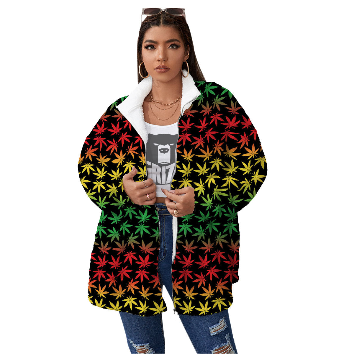 Hemp Rastafarian Print Pattern Women's Sherpa Jacket-grizzshop