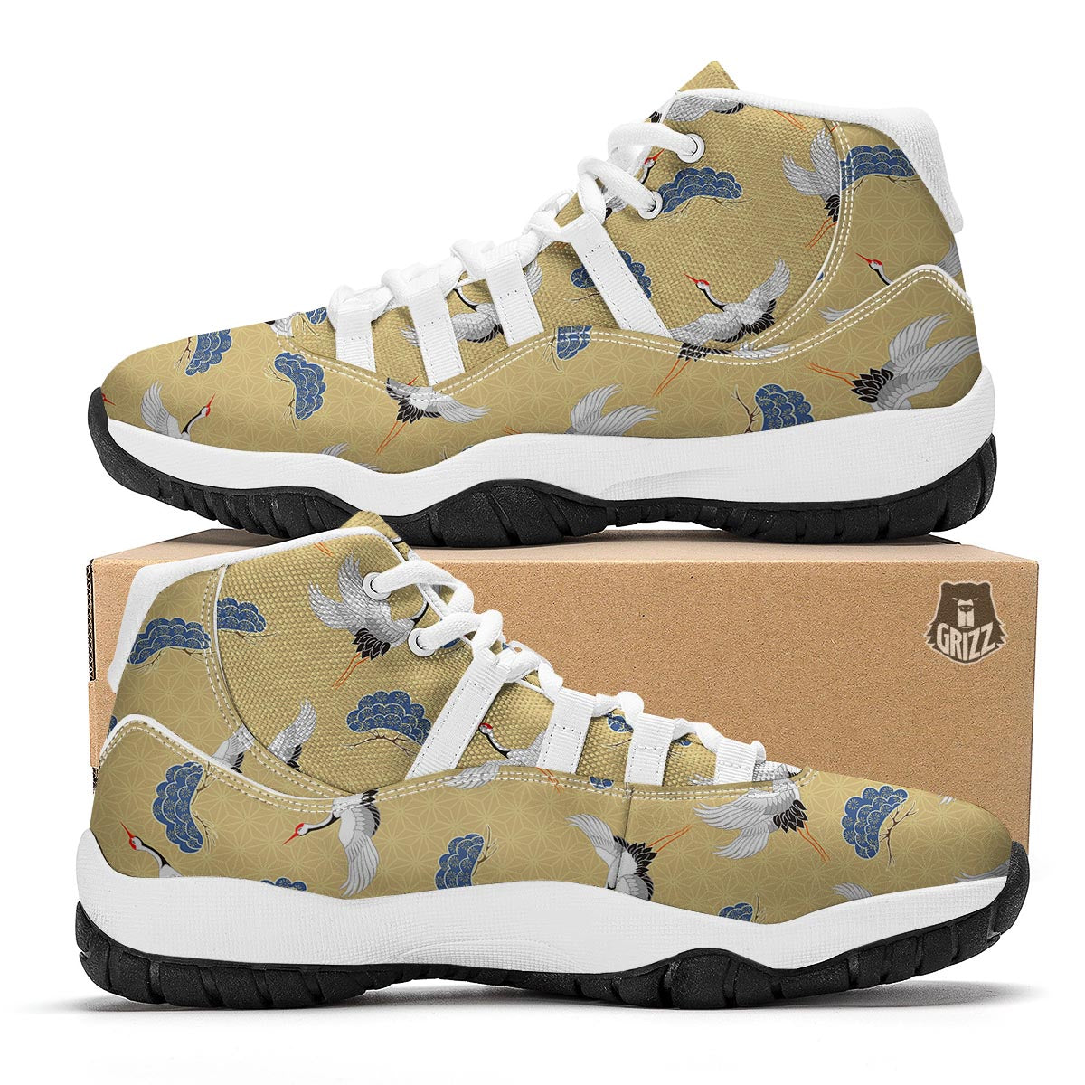 Heron Japanese Pattern Print White Bball Shoes-grizzshop