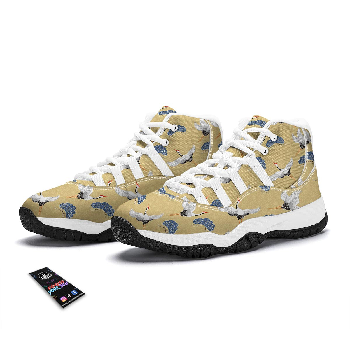 Heron Japanese Pattern Print White Bball Shoes-grizzshop
