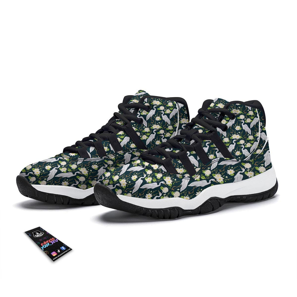 Heron Lotus Pattern Print Black Bball Shoes-grizzshop