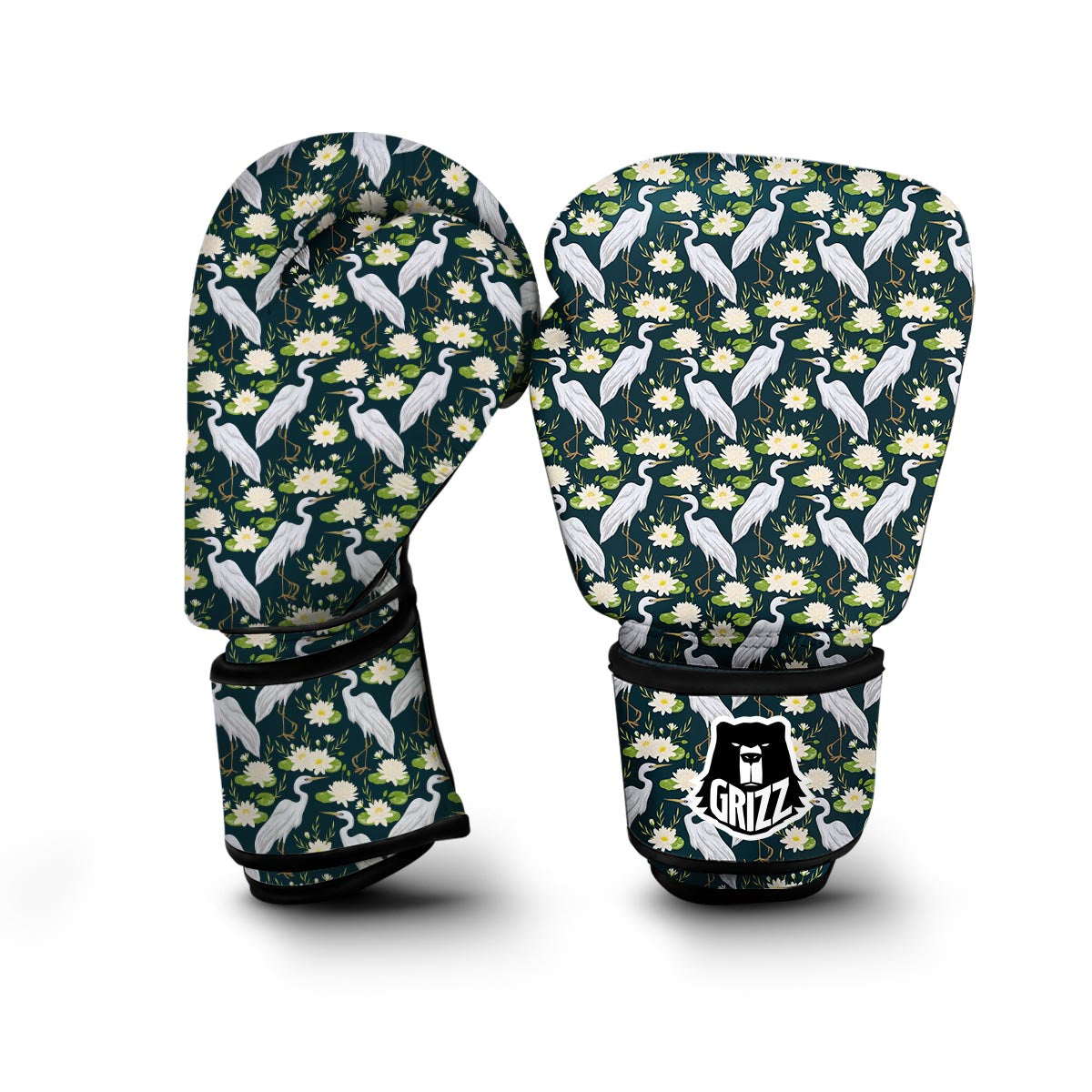 Heron Lotus Pattern Print Boxing Gloves-grizzshop