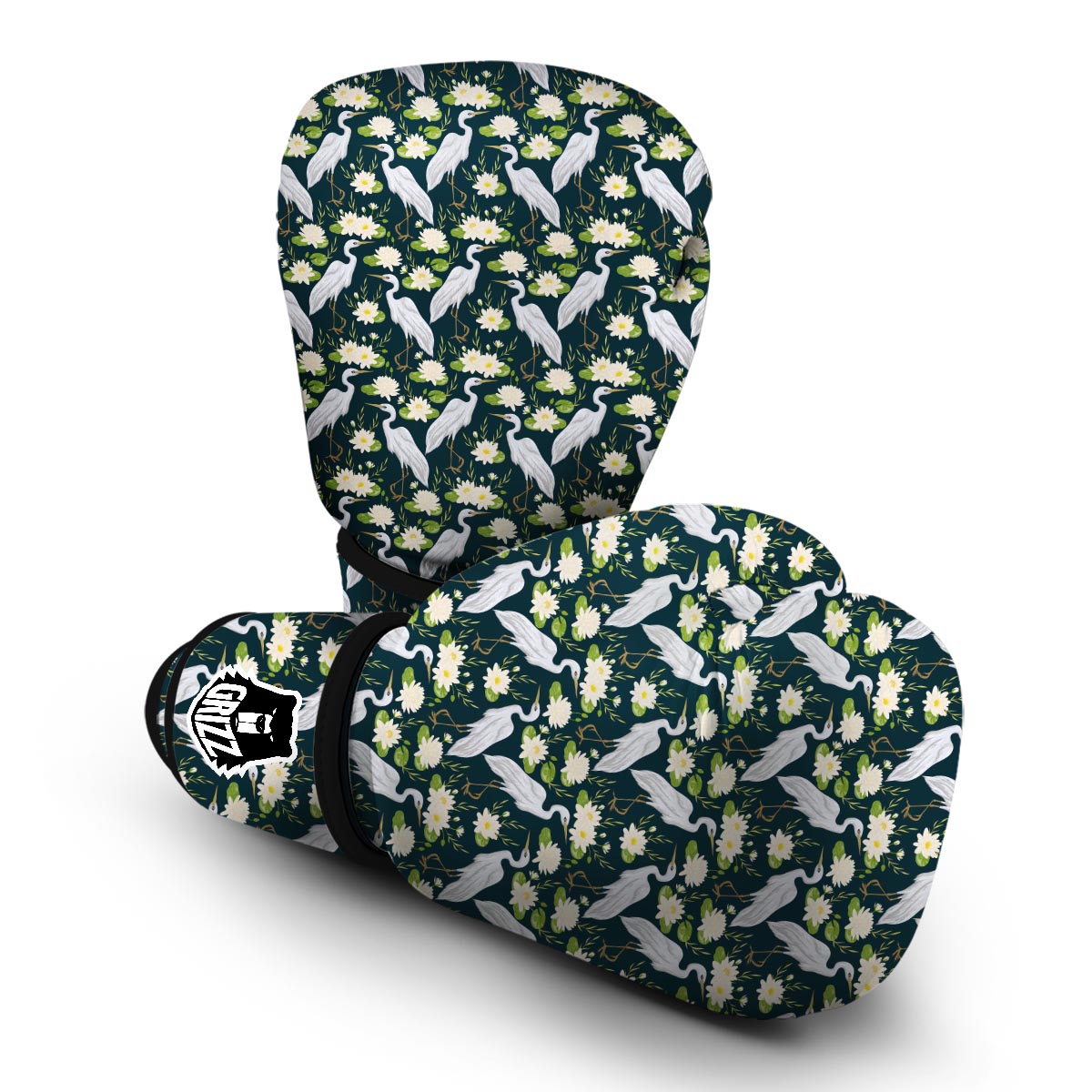 Heron Lotus Pattern Print Boxing Gloves-grizzshop