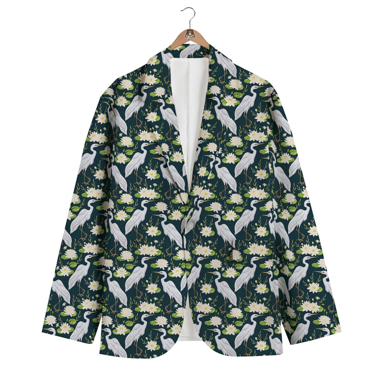 Heron Lotus Pattern Print Men's Blazer-grizzshop