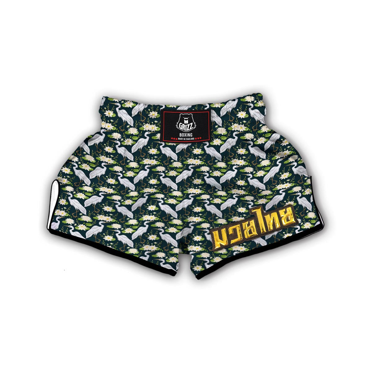 Heron Lotus Pattern Print Muay Thai Boxing Shorts-grizzshop