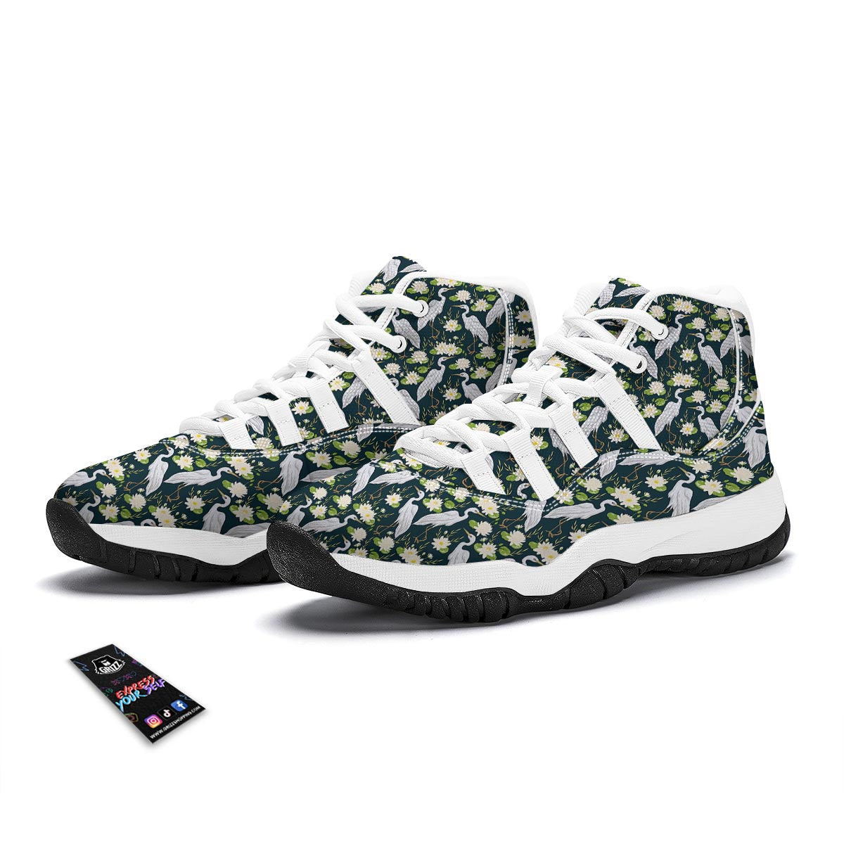 Heron Lotus Pattern Print White Bball Shoes-grizzshop