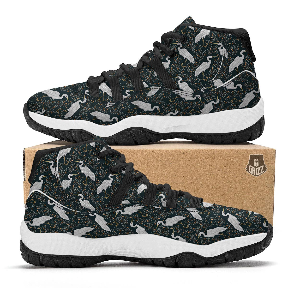 Heron Pattern Print Black Bball Shoes-grizzshop