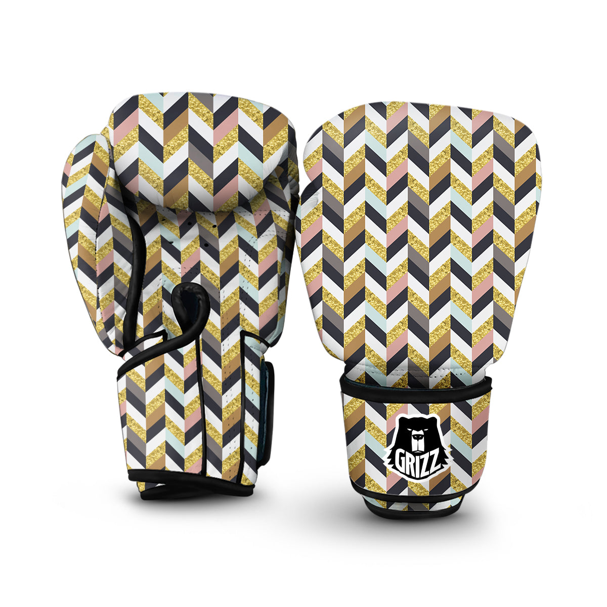 Herringbone And Gold Texture Print Pattern Boxing Gloves-grizzshop