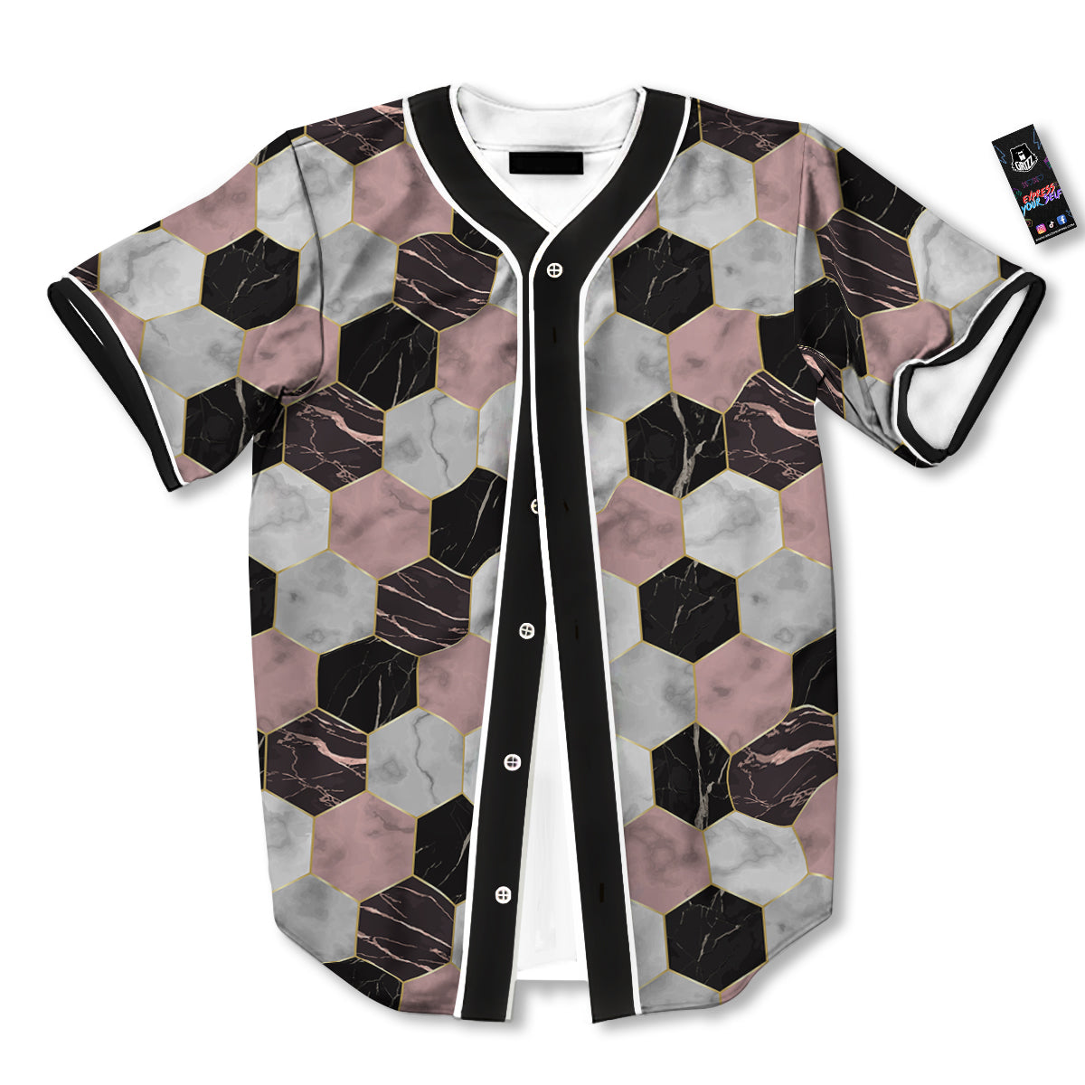 Hexagon Marble White Pink And Black Print Baseball Jersey-grizzshop