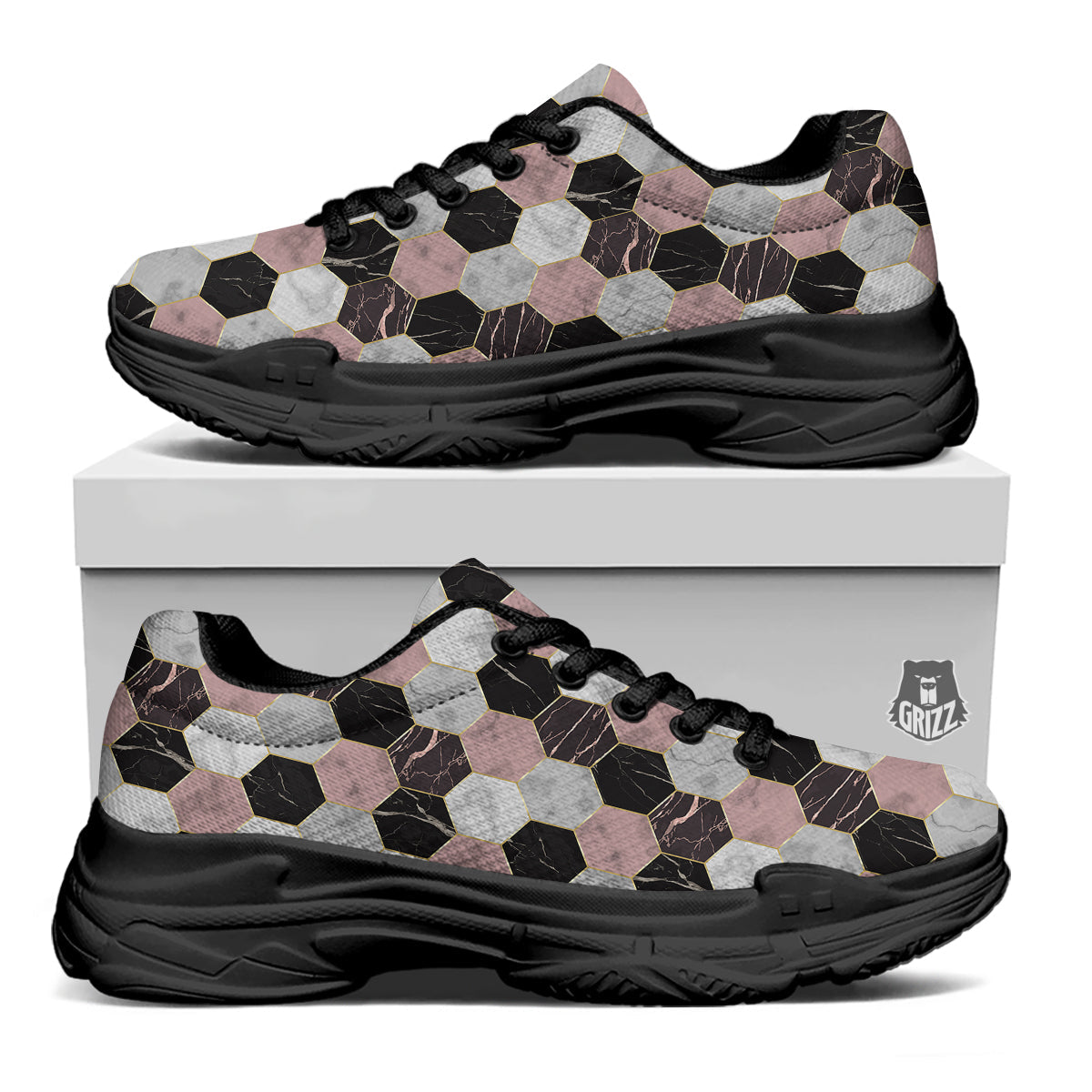 Hexagon Marble White Pink And Black Print Black Chunky Shoes-grizzshop