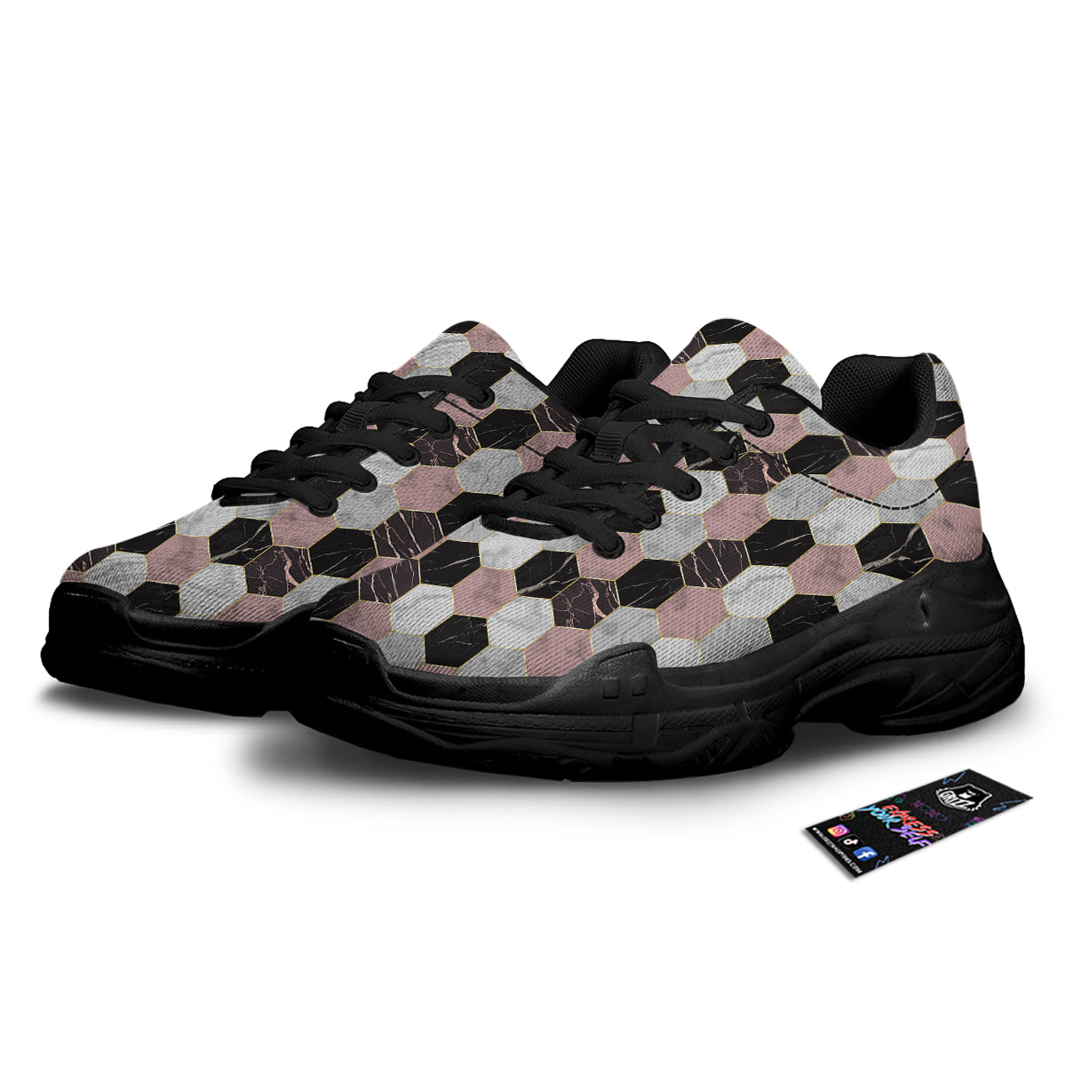Hexagon Marble White Pink And Black Print Black Chunky Shoes-grizzshop