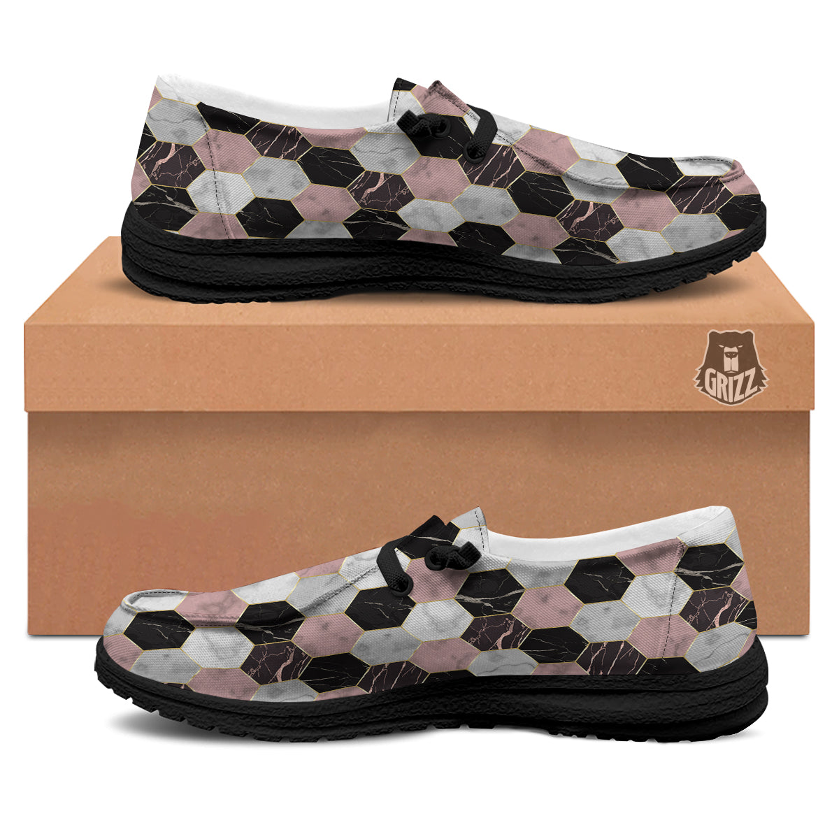 Hexagon Marble White Pink And Black Print Black Loafers-grizzshop