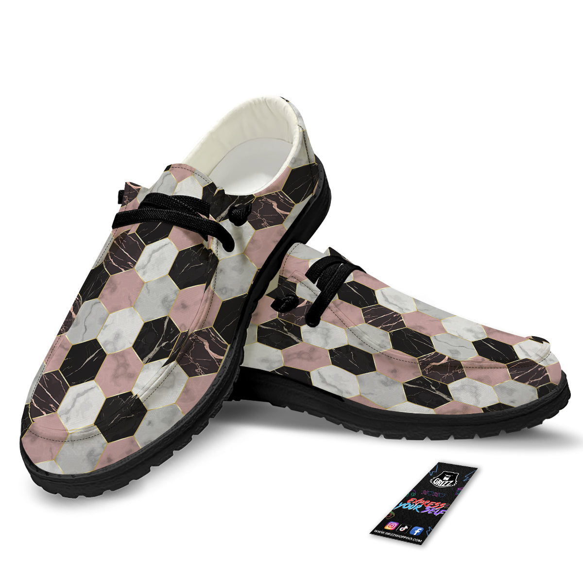 Hexagon Marble White Pink And Black Print Black Loafers-grizzshop