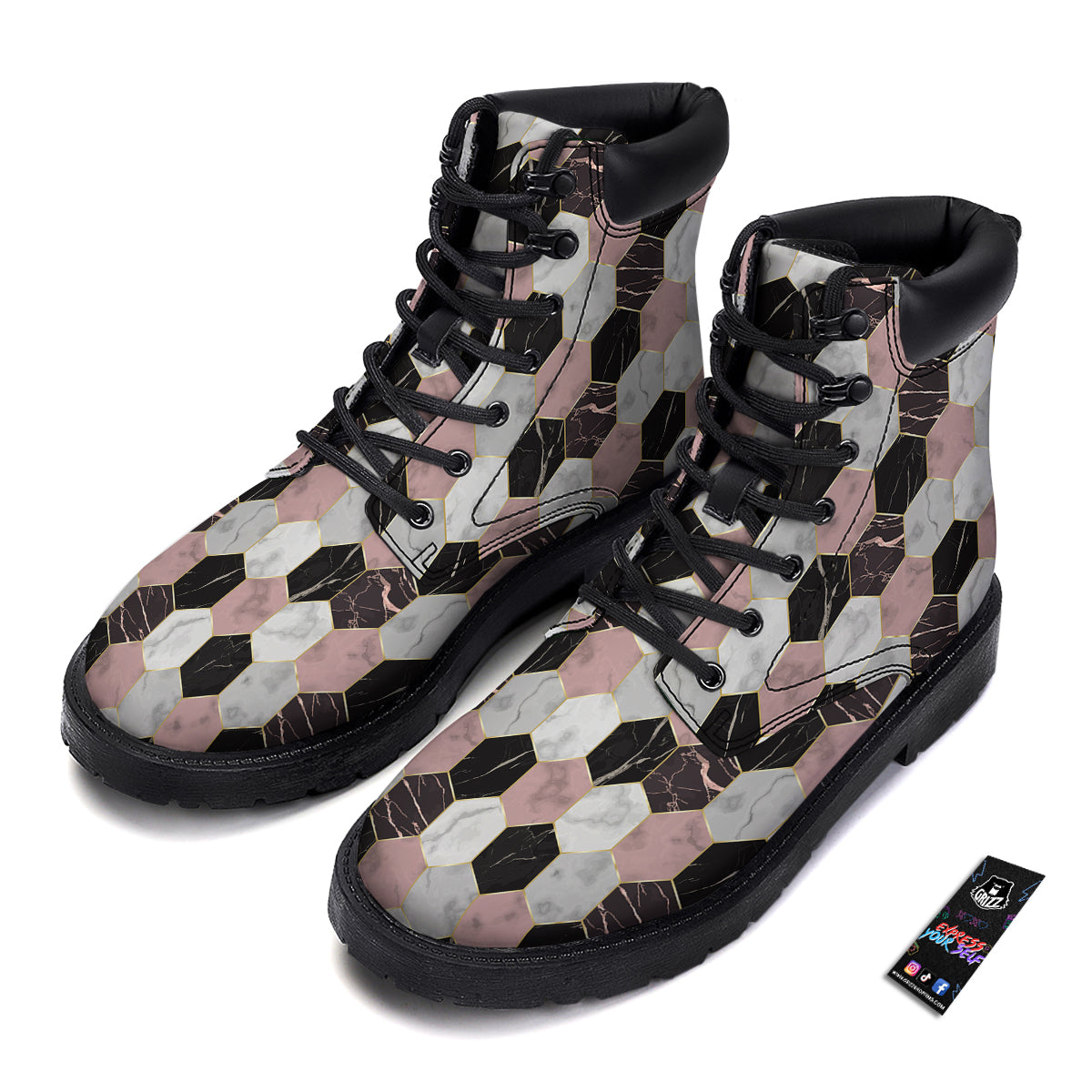 Hexagon Marble White Pink And Black Print Boots-grizzshop