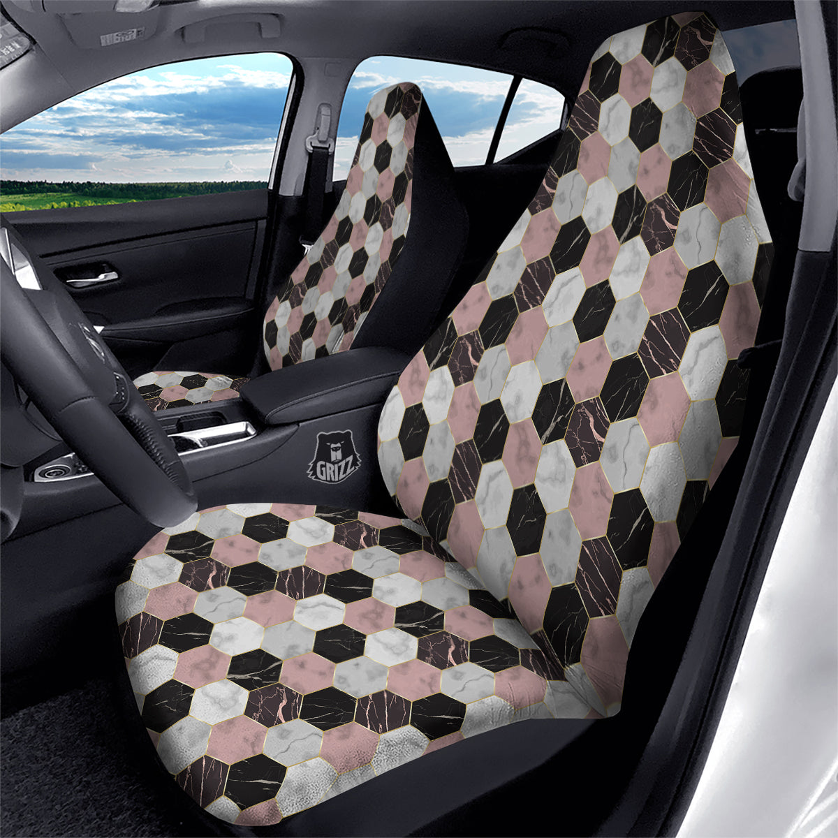 Hexagon Marble White Pink And Black Print Car Seat Covers-grizzshop