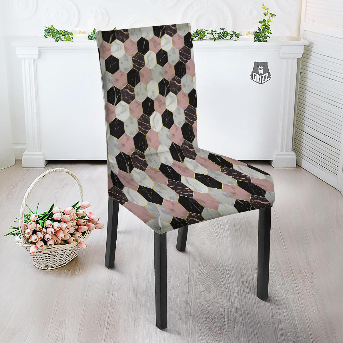 Hexagon Marble White Pink And Black Print Dining Chair Slipcover-grizzshop