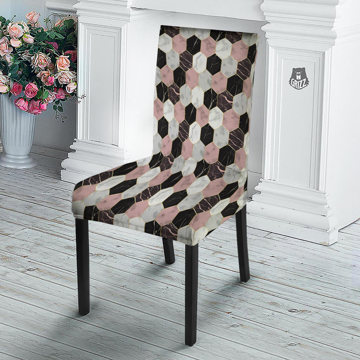 Hexagon Marble White Pink And Black Print Dining Chair Slipcover-grizzshop