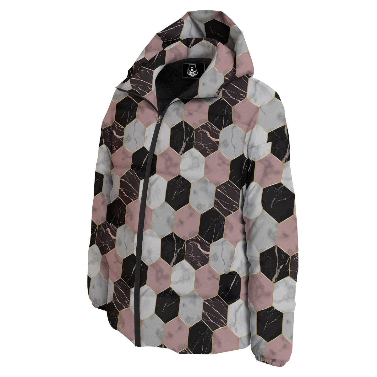 Hexagon Marble White Pink And Black Print Down Jacket-grizzshop