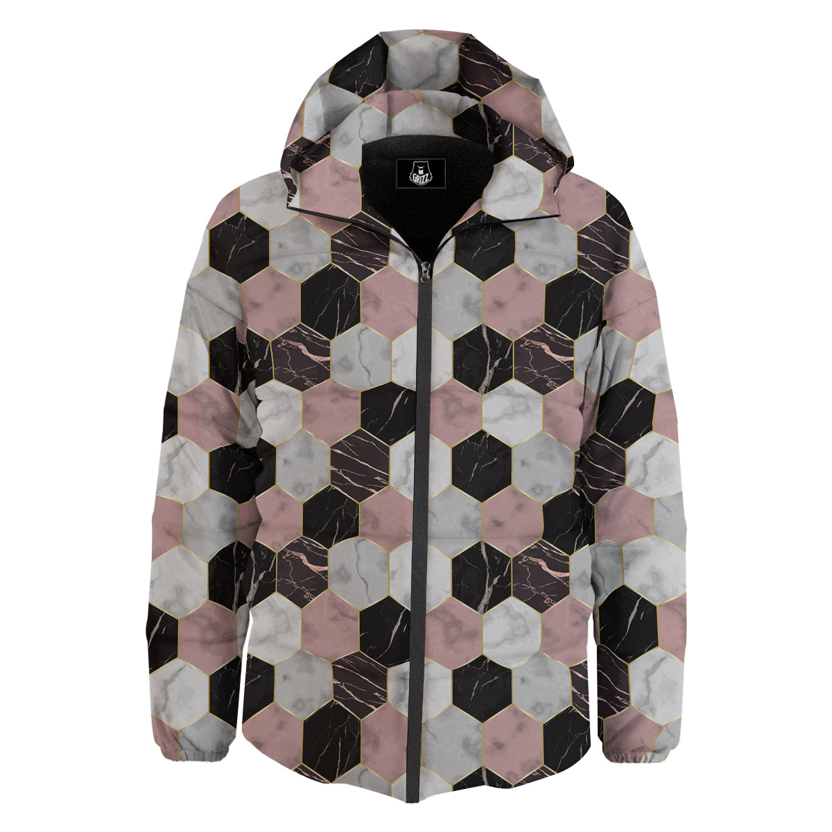 Hexagon Marble White Pink And Black Print Down Jacket-grizzshop