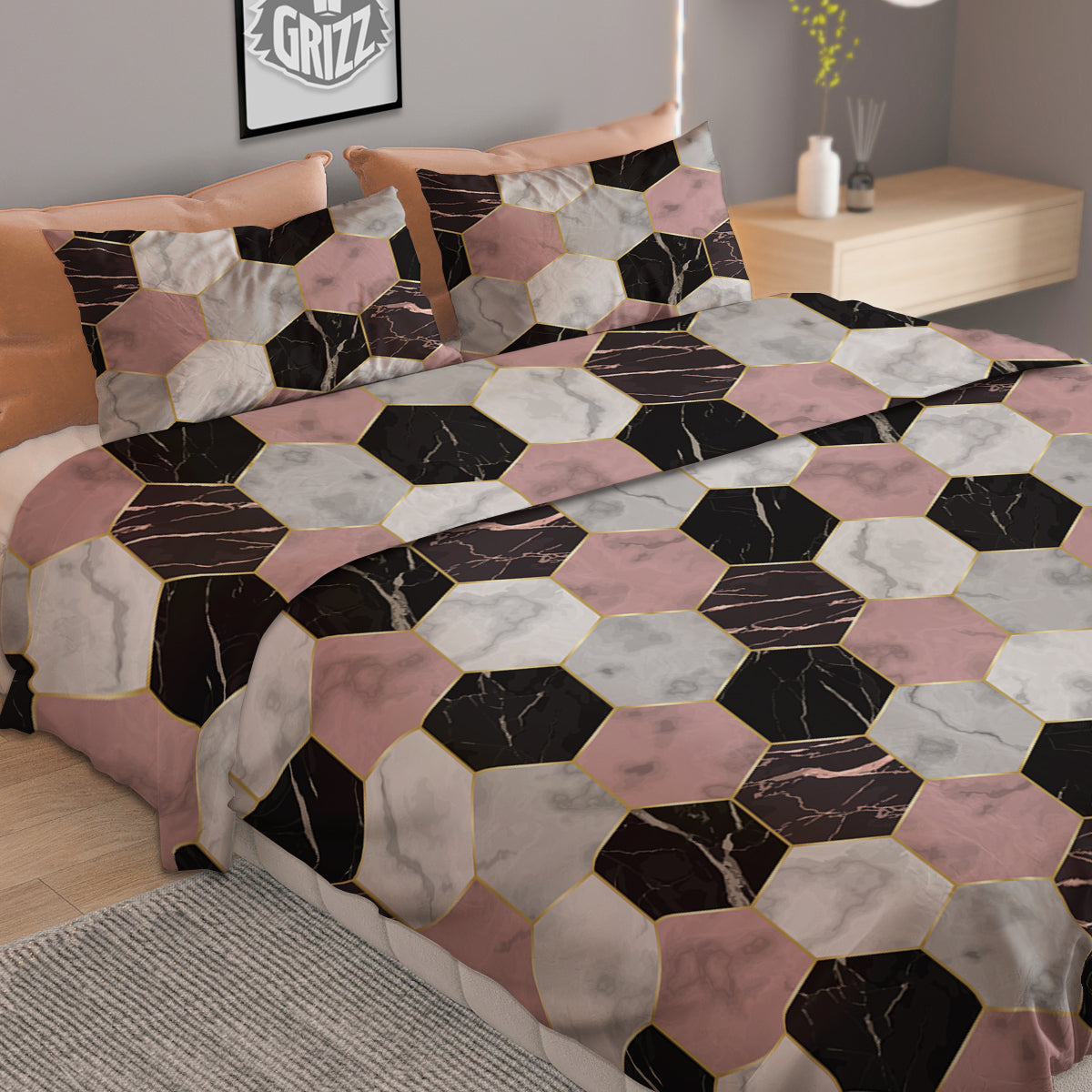 Hexagon Marble White Pink And Black Print Duvet Cover Bedding Set