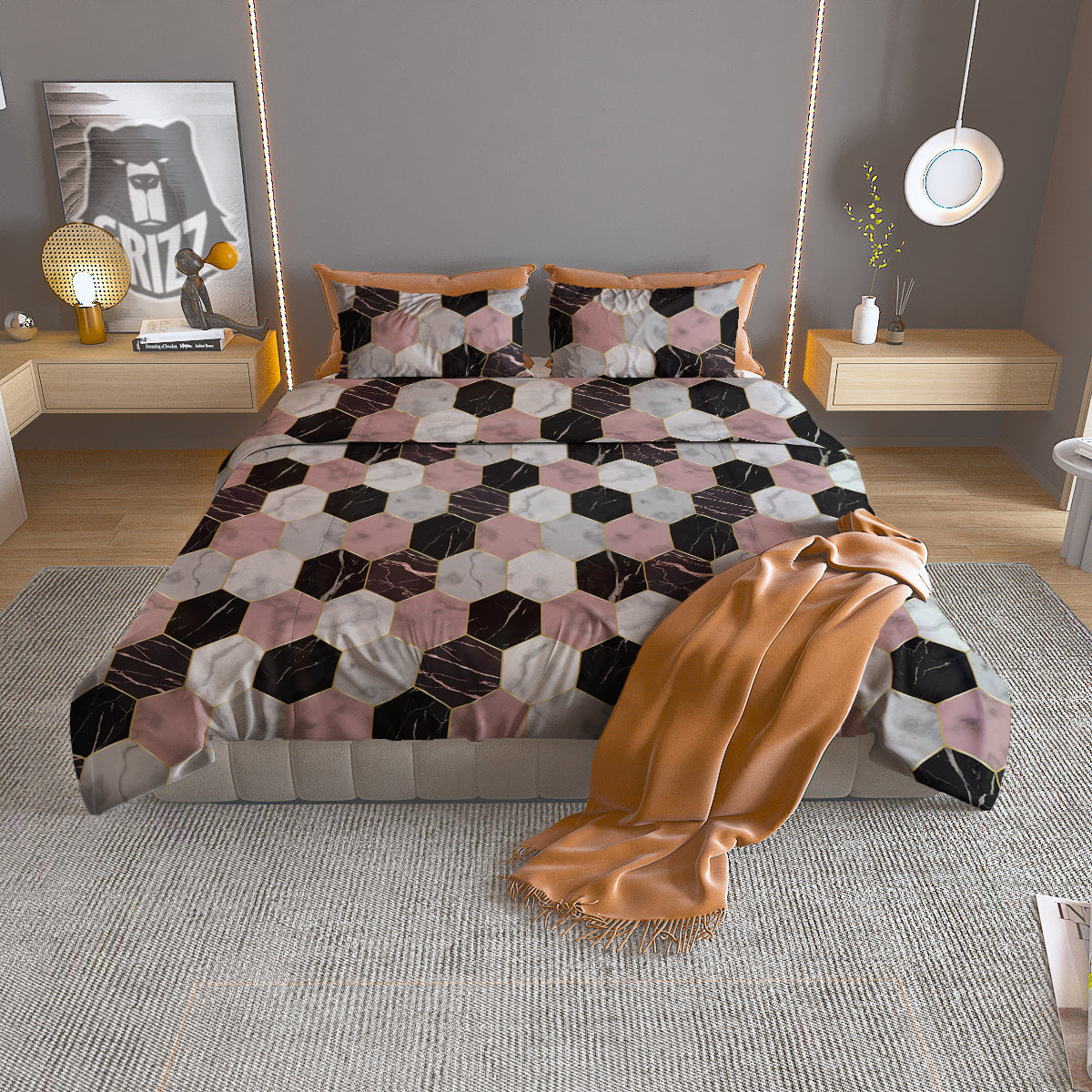 Hexagon Marble White Pink And Black Print Duvet Cover Bedding Set