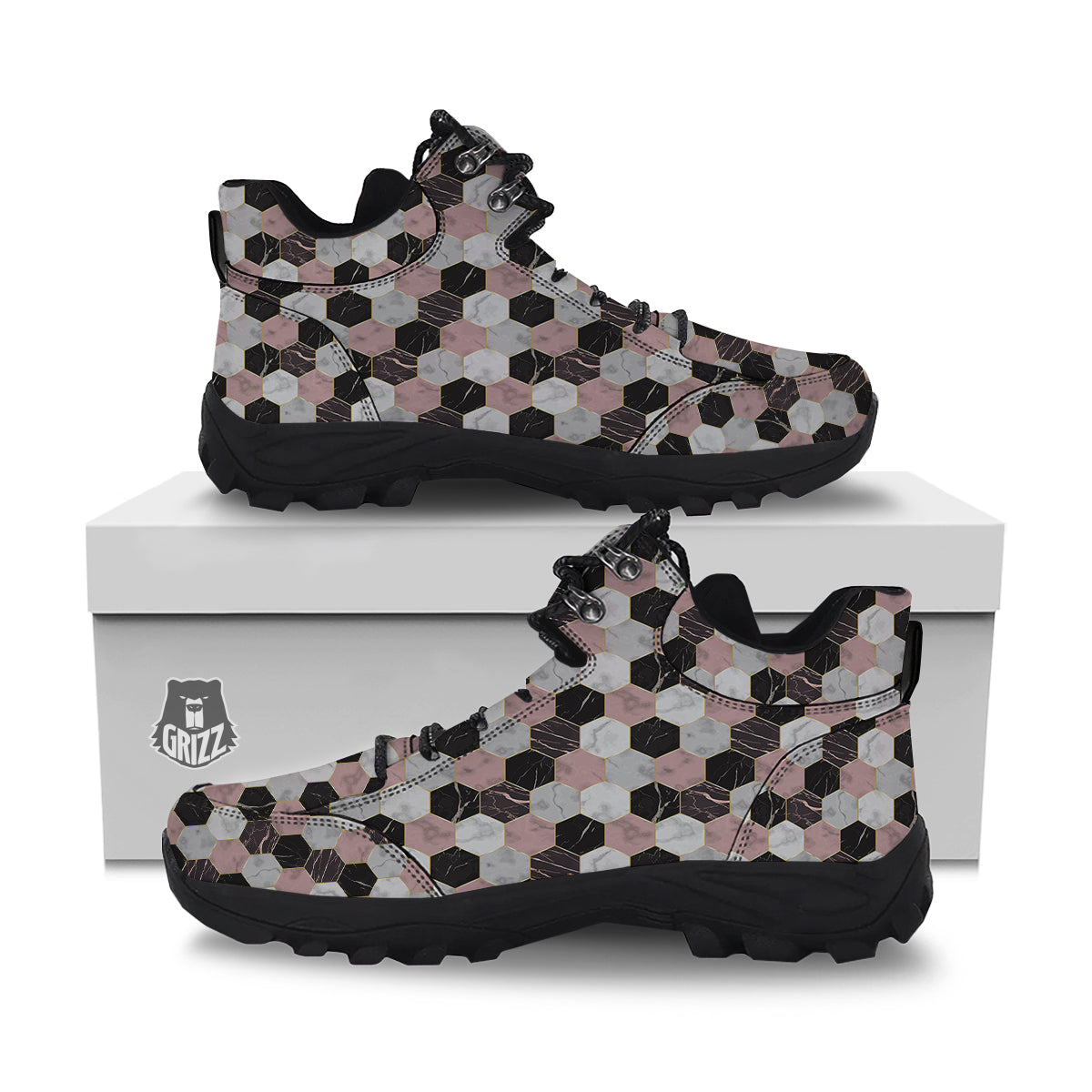 Hexagon Marble White Pink And Black Print Hiking Shoes-grizzshop