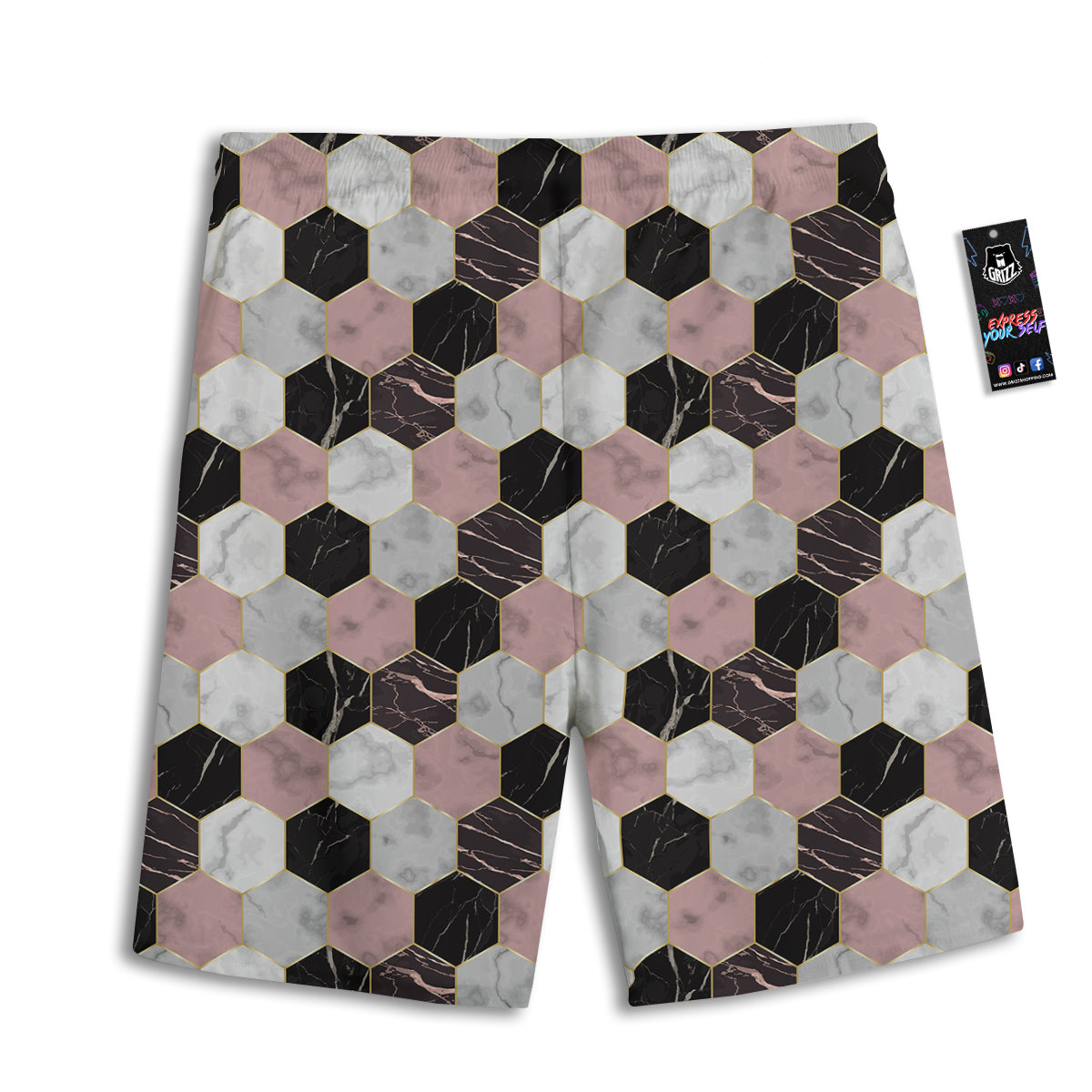 Hexagon Marble White Pink And Black Print Men's Athletic Shorts