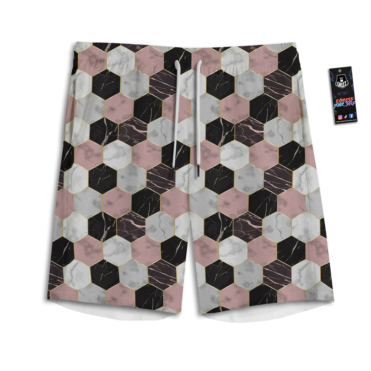 Hexagon Marble White Pink And Black Print Men's Athletic Shorts