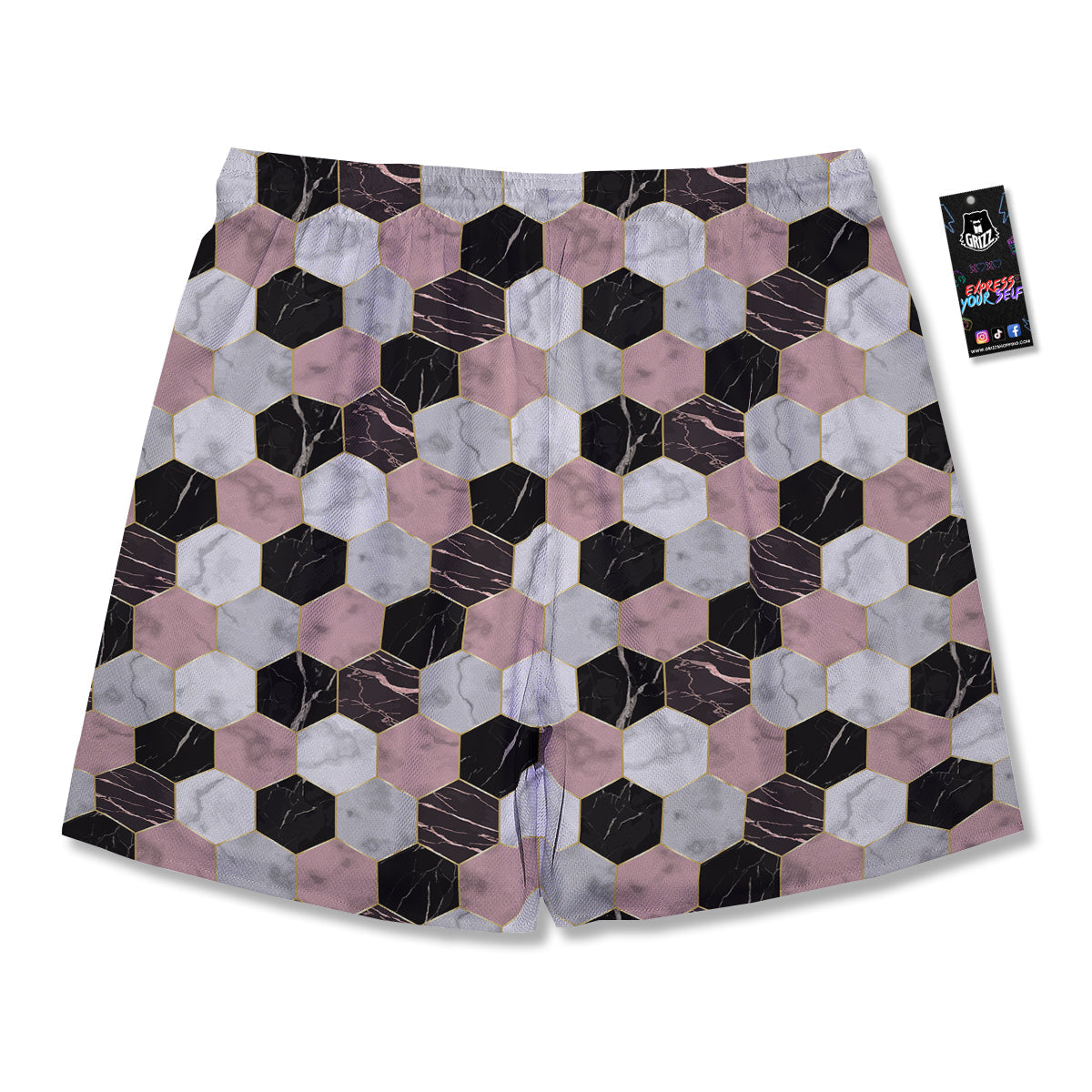 Hexagon Marble White Pink And Black Print Men's Running Shorts-grizzshop