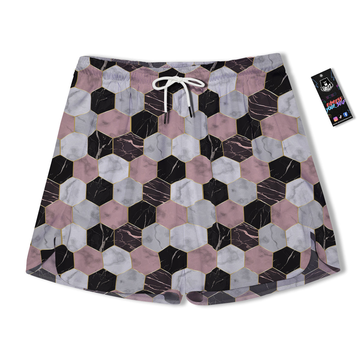 Hexagon Marble White Pink And Black Print Men's Running Shorts-grizzshop