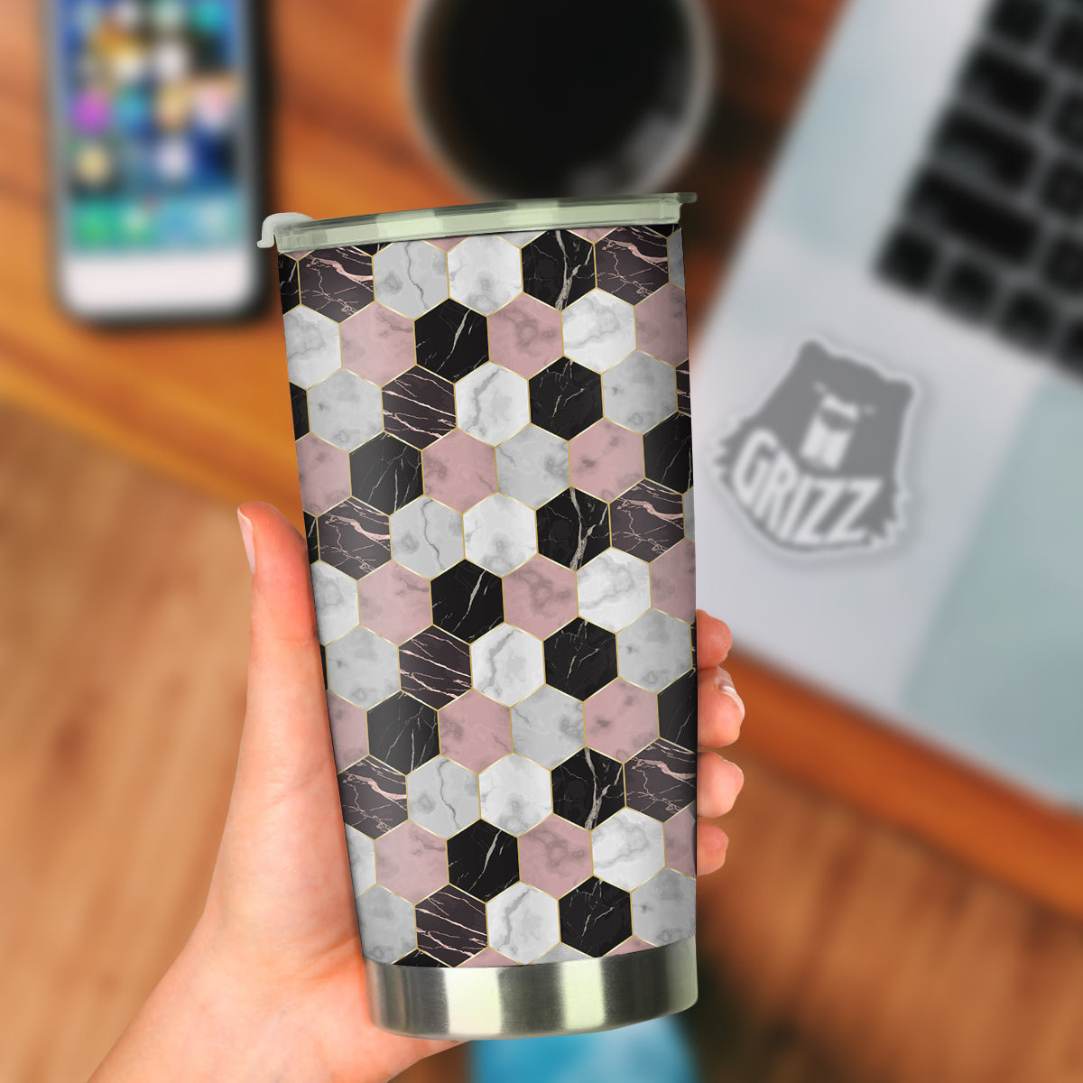 Hexagon Marble White Pink And Black Print Tumbler-grizzshop