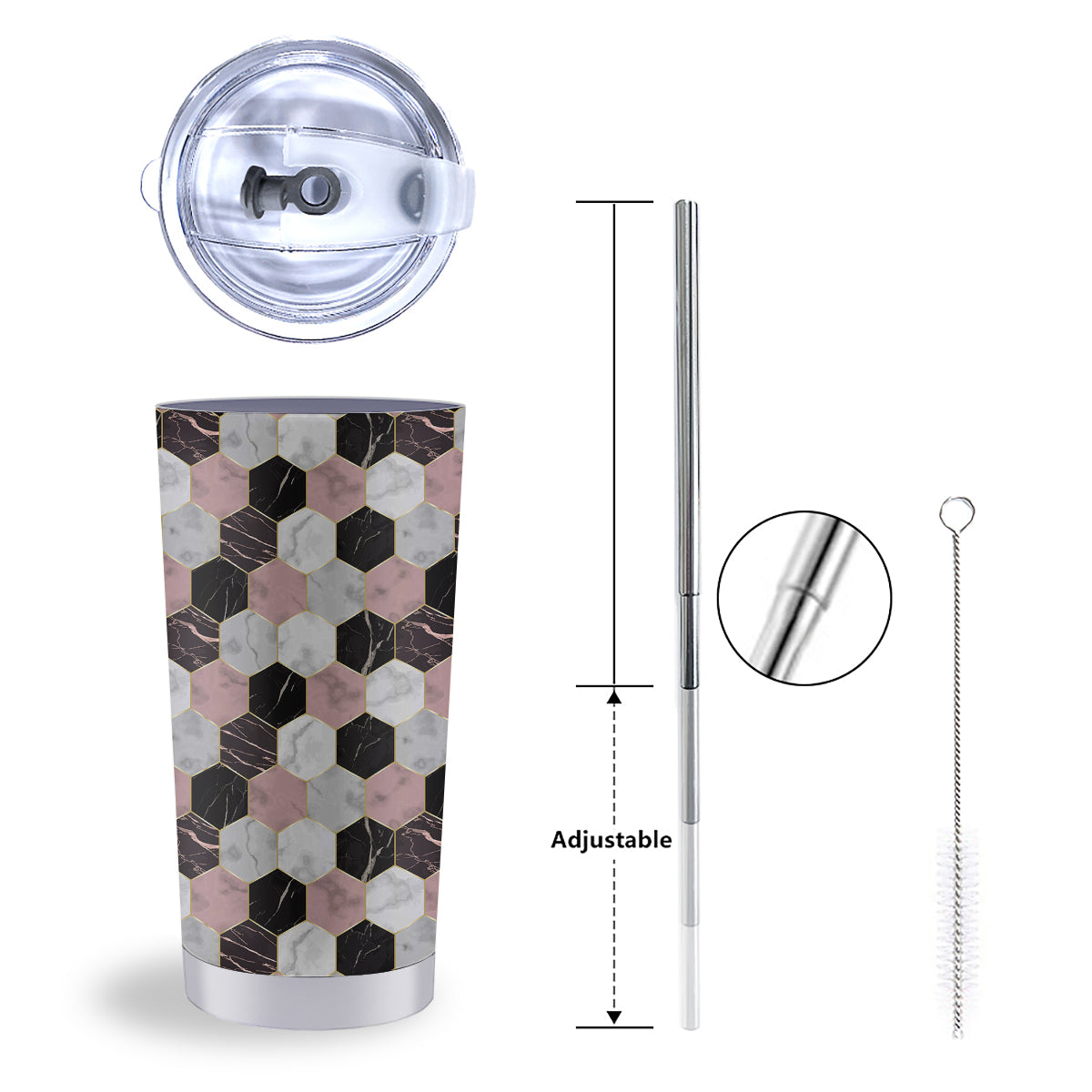 Hexagon Marble White Pink And Black Print Tumbler-grizzshop