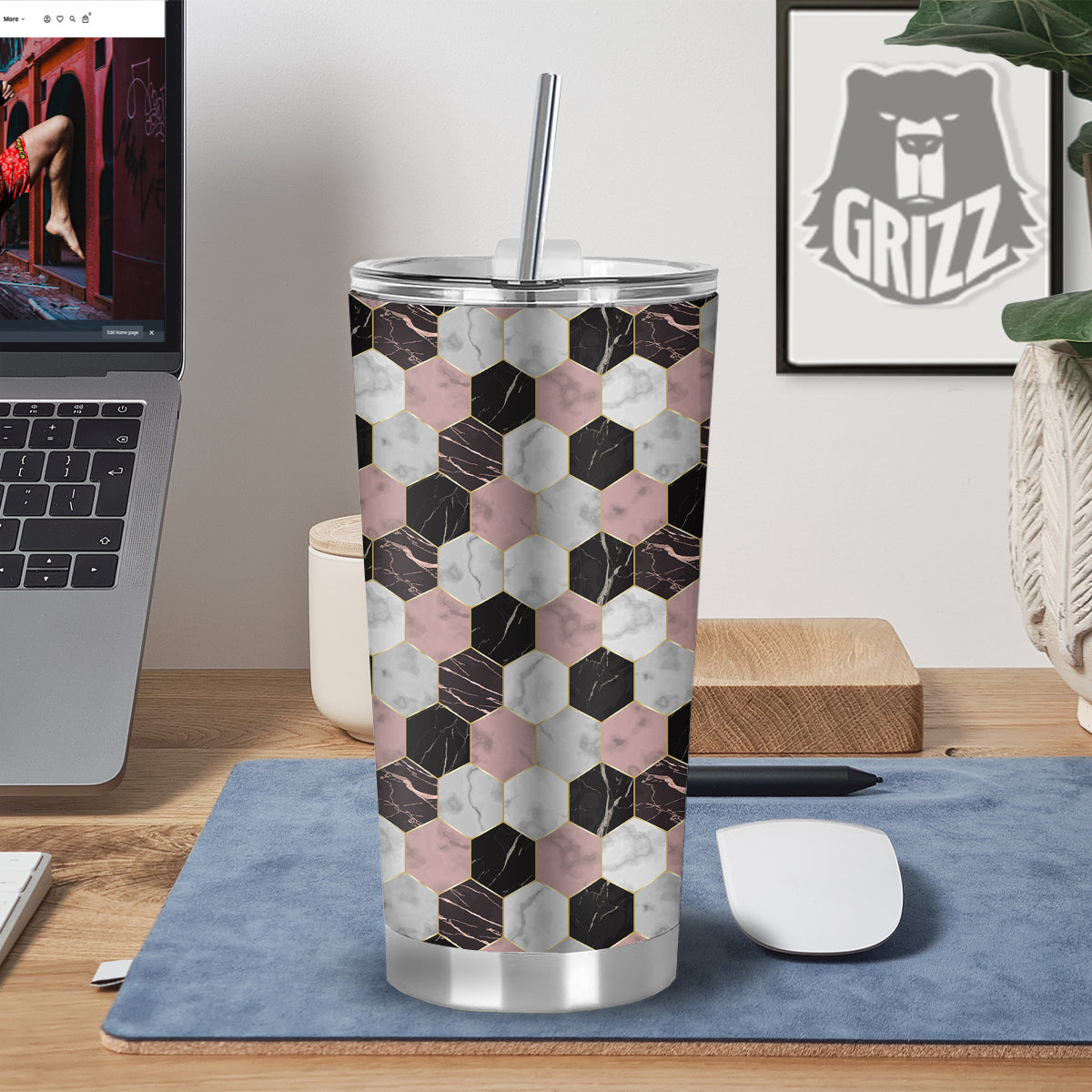 Hexagon Marble White Pink And Black Print Tumbler-grizzshop