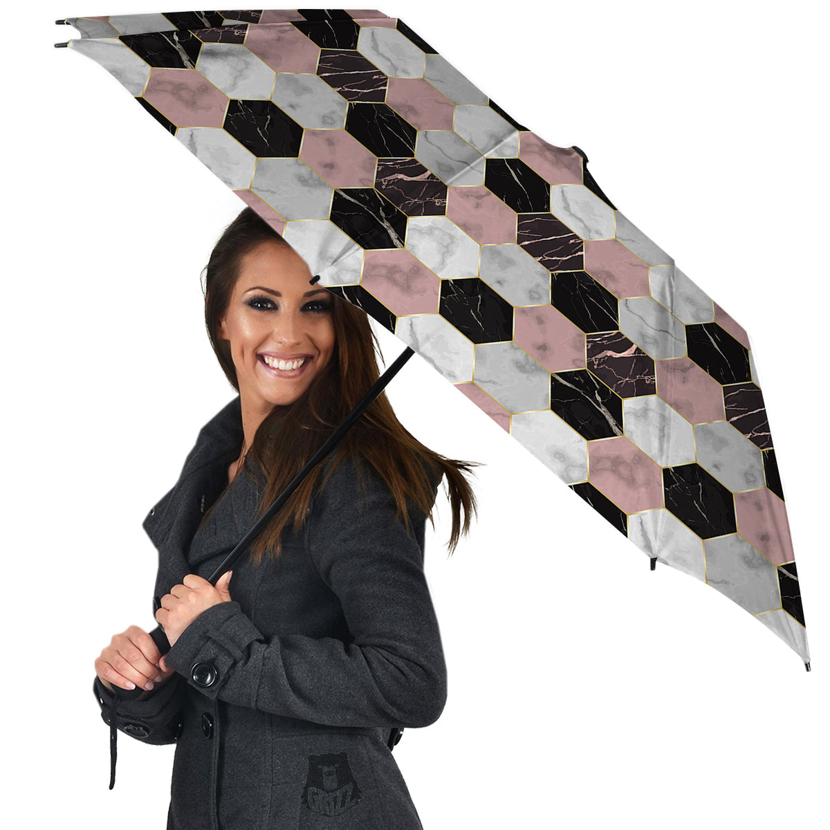 Hexagon Marble White Pink And Black Print Umbrella-grizzshop