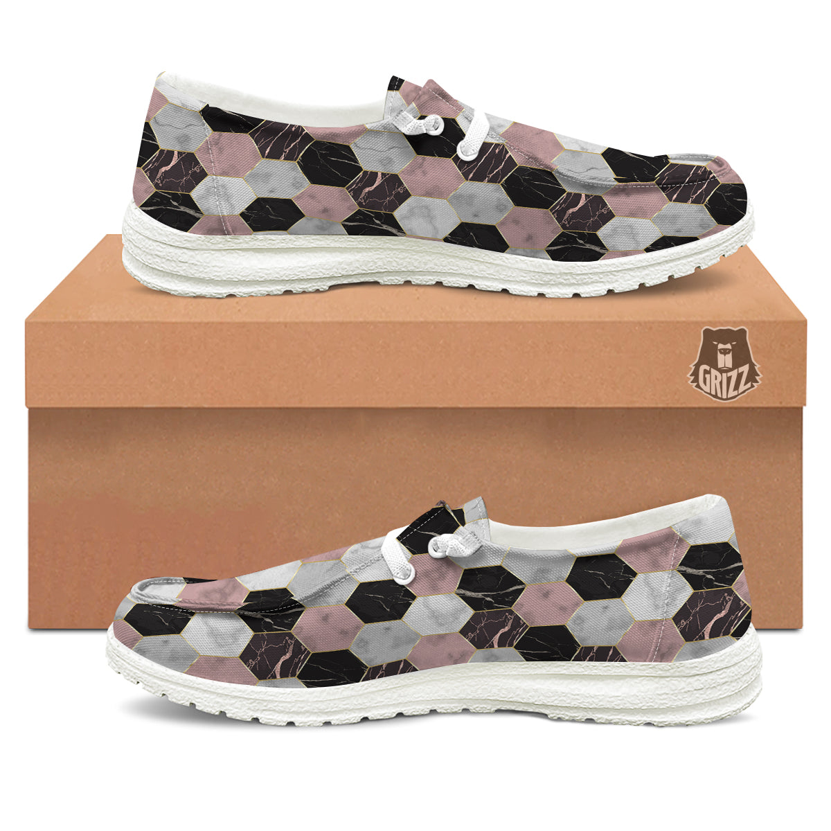 Hexagon Marble White Pink And Black Print White Loafers-grizzshop