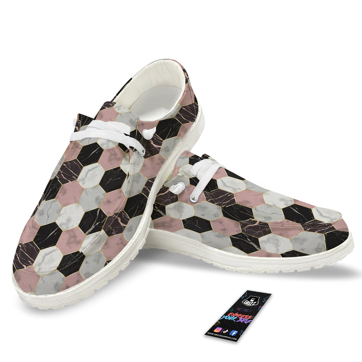 Hexagon Marble White Pink And Black Print White Loafers-grizzshop