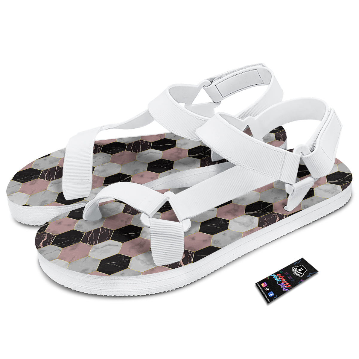 Hexagon Marble White Pink And Black Print White Open Toe Sandals-grizzshop