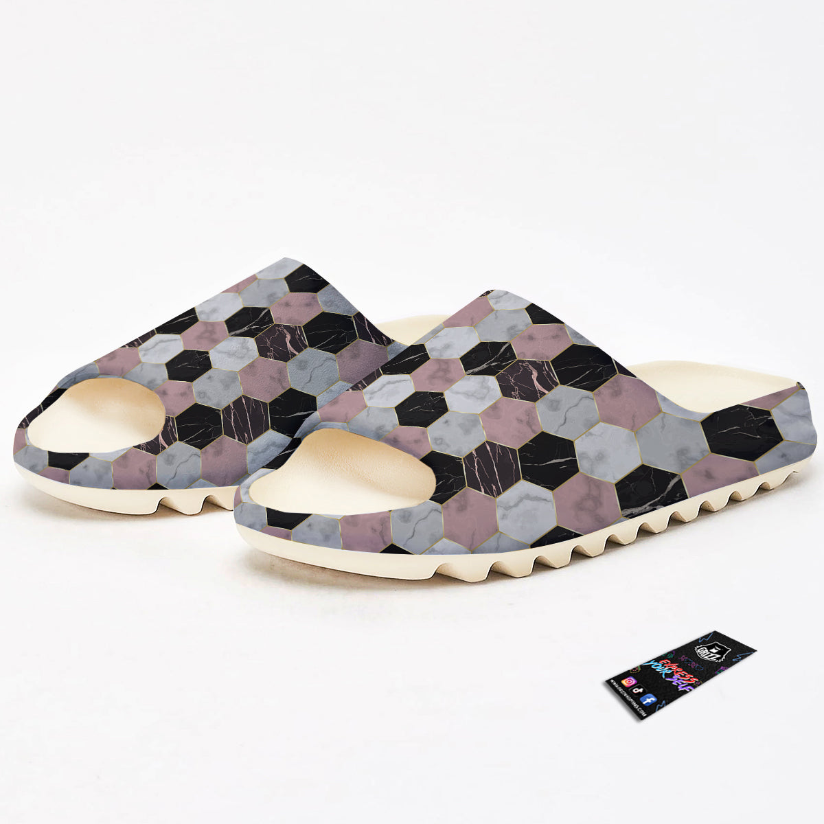 Hexagon Marble White Pink And Black Print Sandals-grizzshop