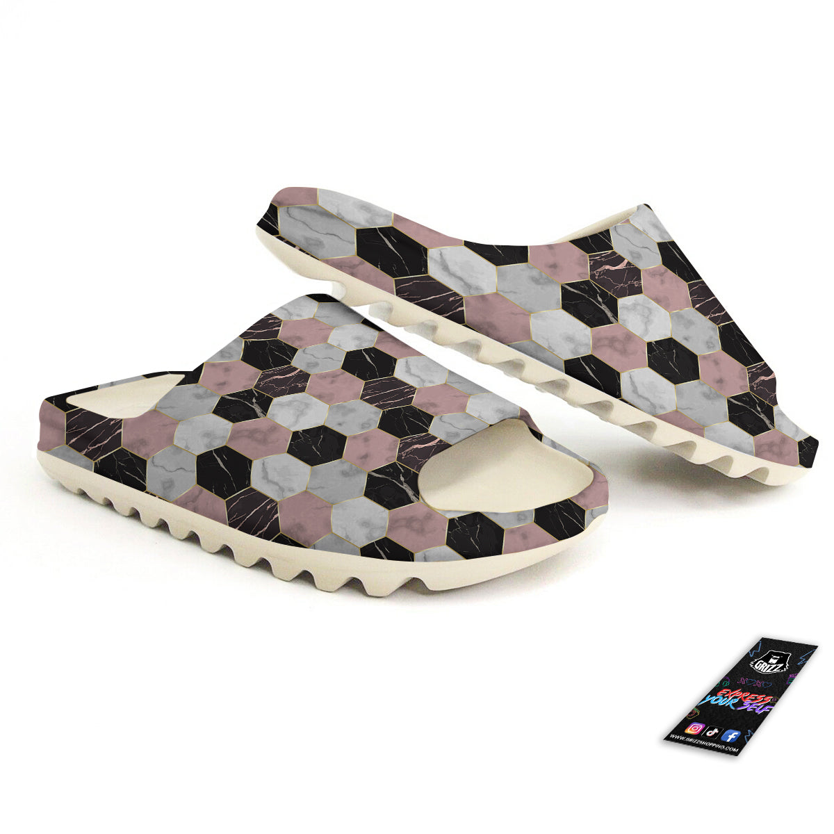 Hexagon Marble White Pink And Black Print Sandals-grizzshop