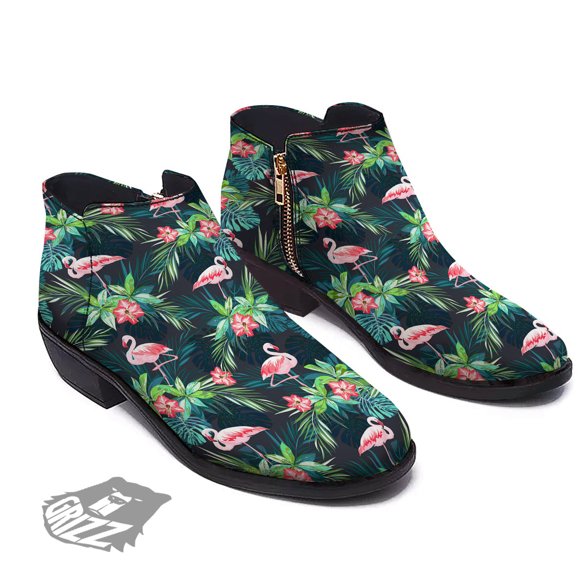 Hibiscus And Tropical Flamingo Print Pattern Ankle Boots-grizzshop