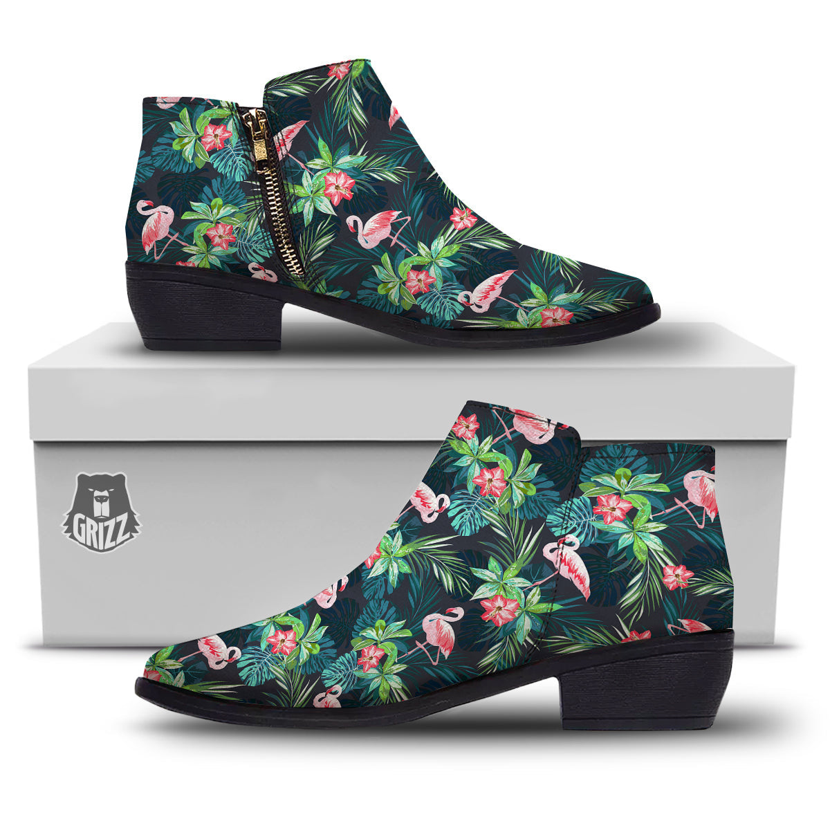 Hibiscus And Tropical Flamingo Print Pattern Ankle Boots-grizzshop
