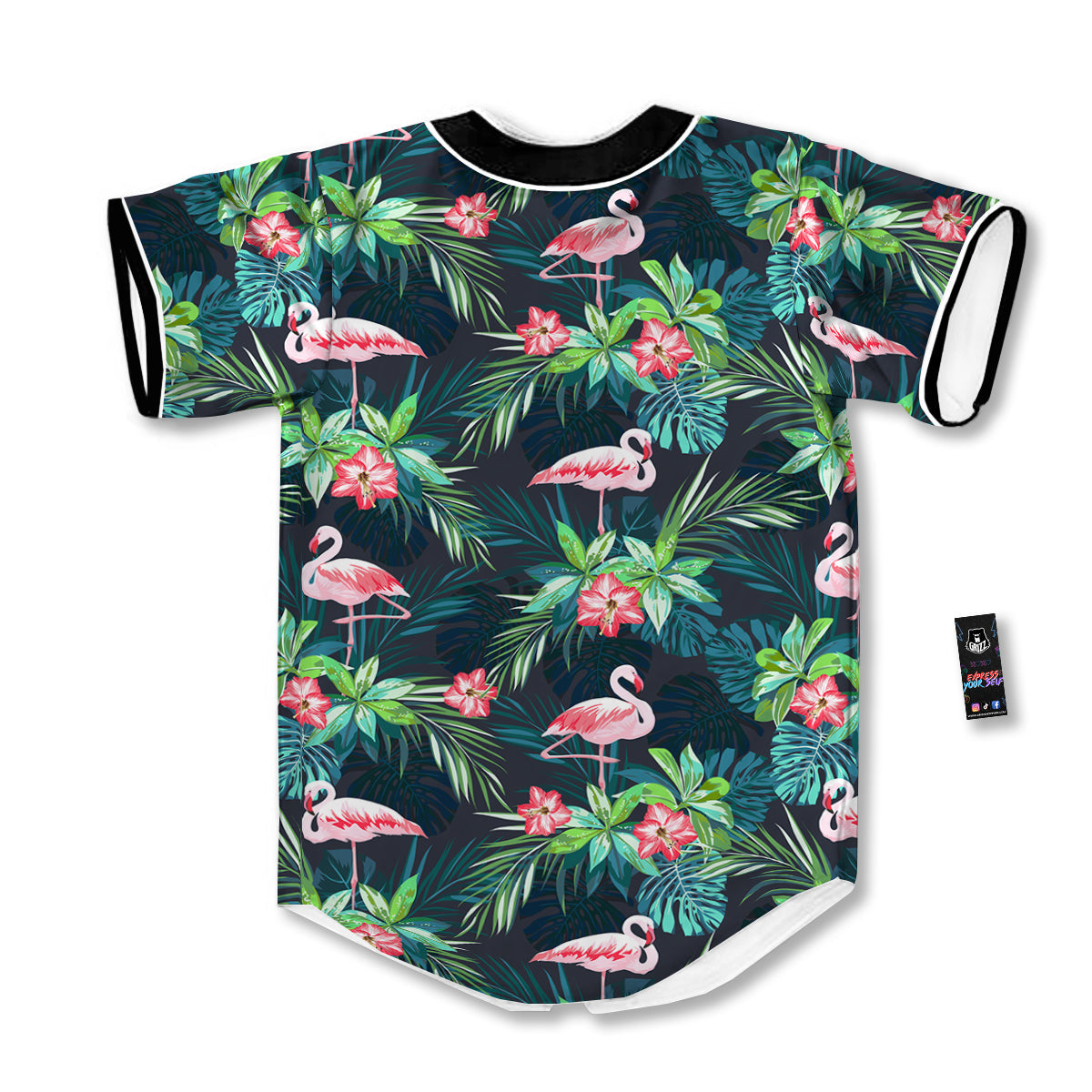 Hibiscus And Tropical Flamingo Print Pattern Baseball Jersey-grizzshop