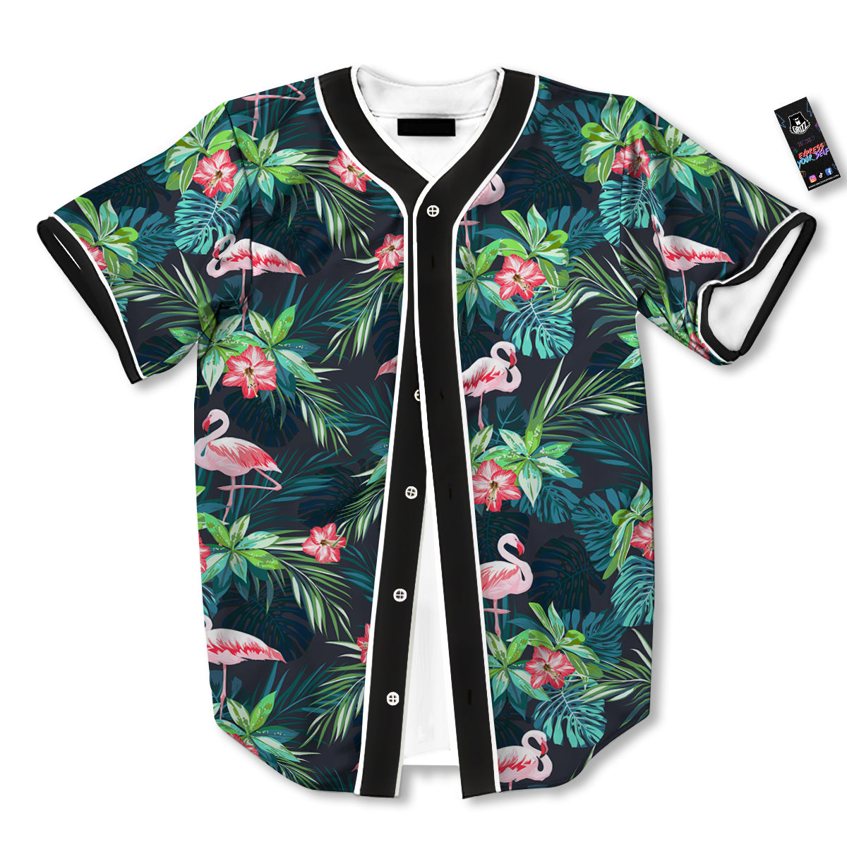 Hibiscus And Tropical Flamingo Print Pattern Baseball Jersey-grizzshop