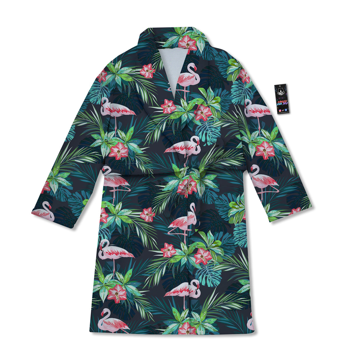 Hibiscus And Tropical Flamingo Print Pattern Bathrobe-grizzshop