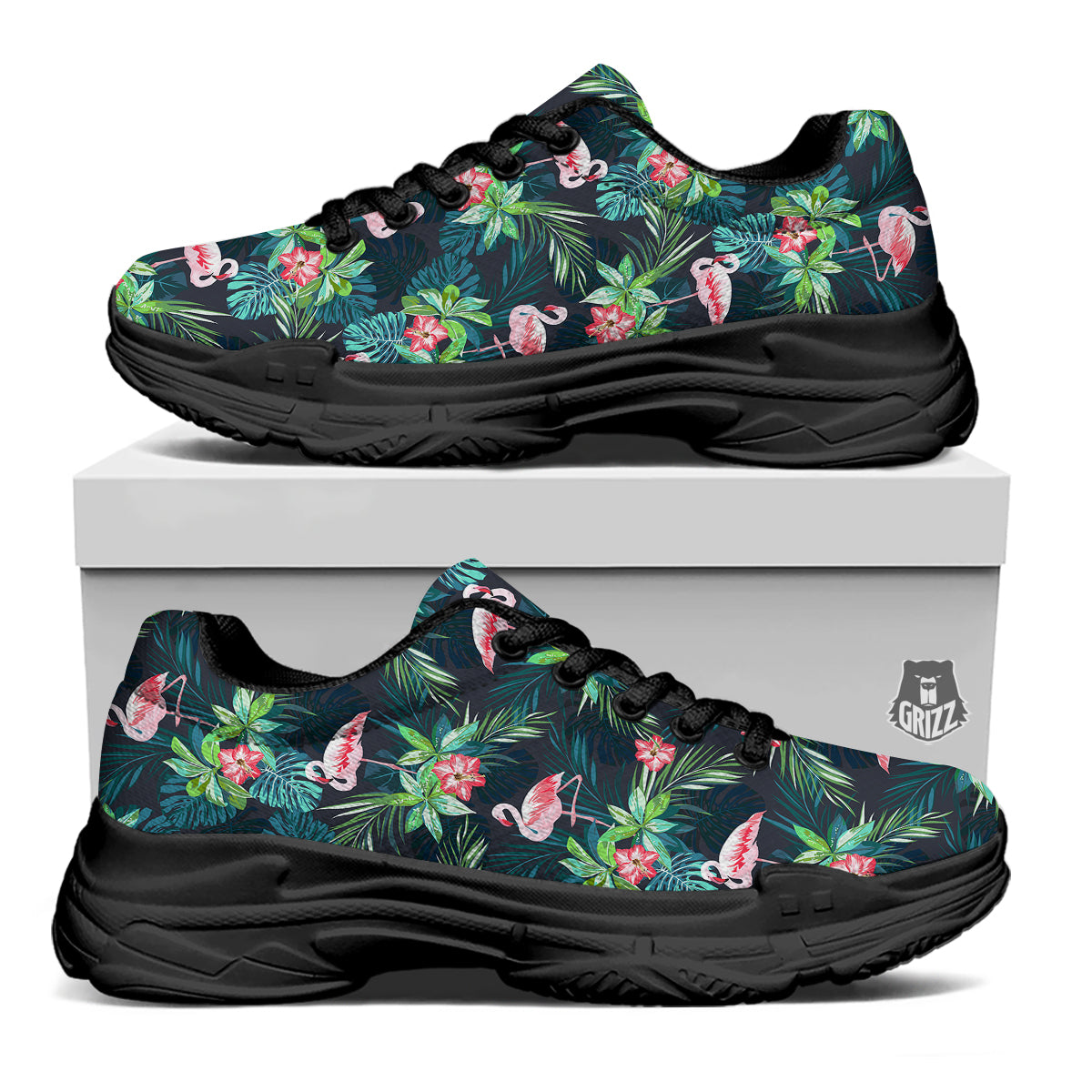 Hibiscus And Tropical Flamingo Print Pattern Black Chunky Shoes-grizzshop