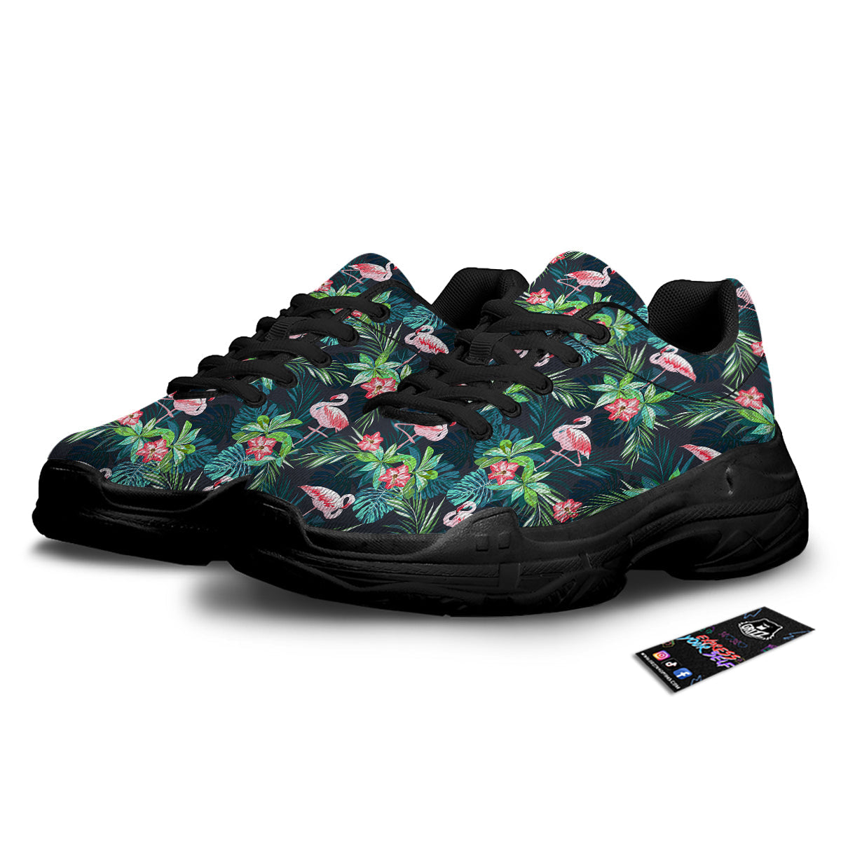 Hibiscus And Tropical Flamingo Print Pattern Black Chunky Shoes-grizzshop